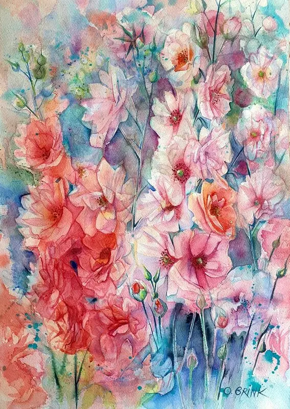 Akvarell Stockrosor (inramad) av Olga Brink Art
