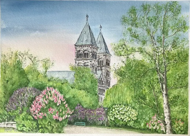 Akvarell Lunds domkyrka i vårgrönska av Kristina Hvam