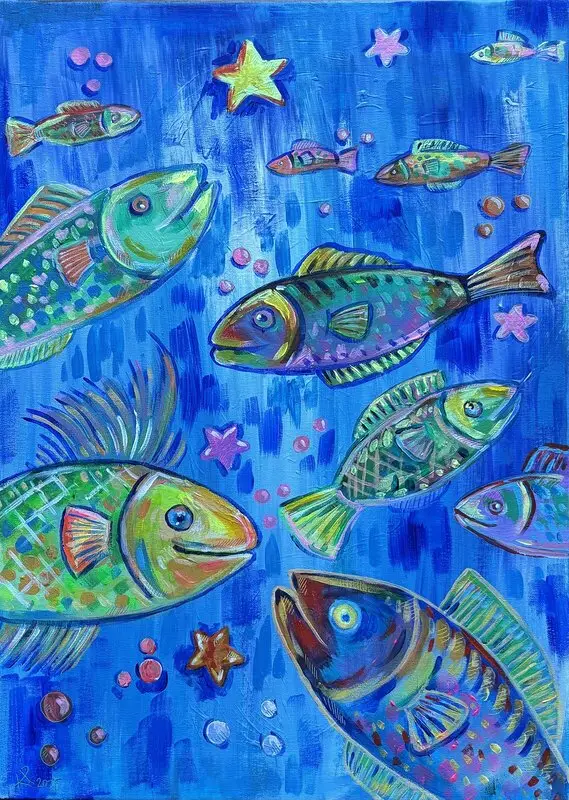 Akrylmålning Fish party av Karolina Pronckute