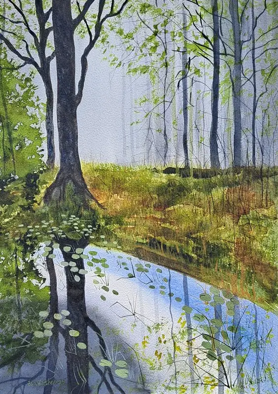 Akvarell Morgondimma vid ån/Morningfog by the stream av Åsa Wiksten