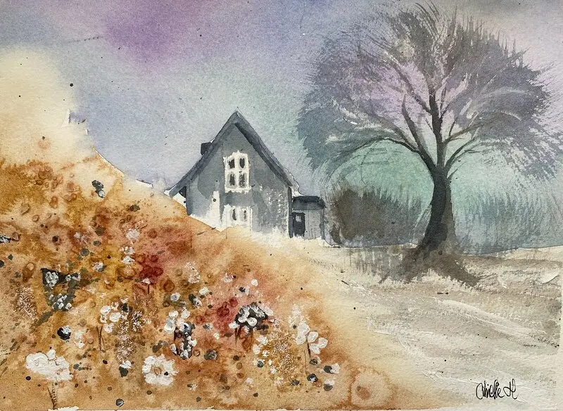 Akvarell The Blue Cottage av Anette Holmqvist