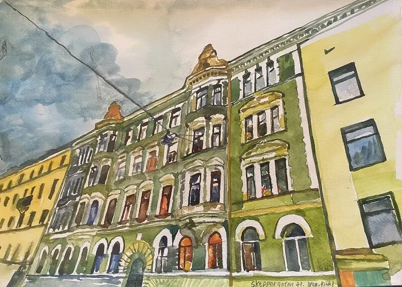 Akvarell Skeppargatan 41, Stockholm av Wen Krödel
