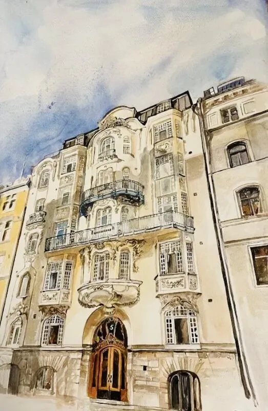 Akvarell Fredrikshovsgatan 5, Stockholm av Wen Krödel