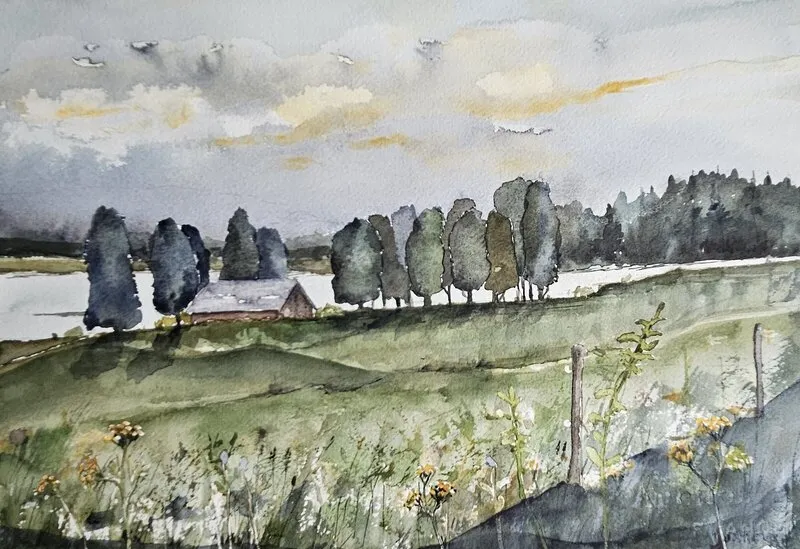 Akvarell Trollbosjön från Bäckharrys av Petra Klara Margareta Kåks