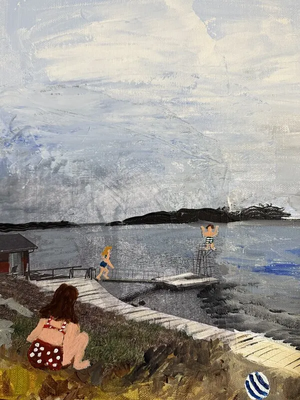 Akrylmålning Vi tre vid hopptornet av Malin Hesser Carlsson