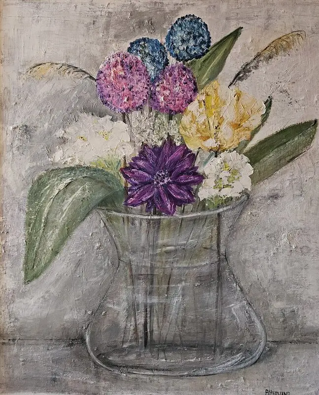 Oljemålning Blommor i vasen. av Birgitta Hedlund