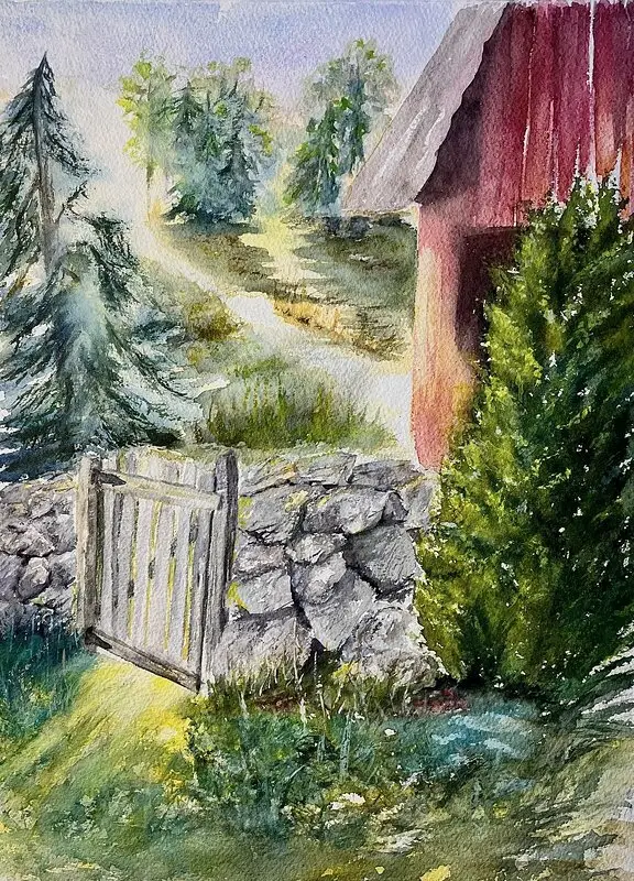 Akvarell Vid grinden av Birgitta Eriksson