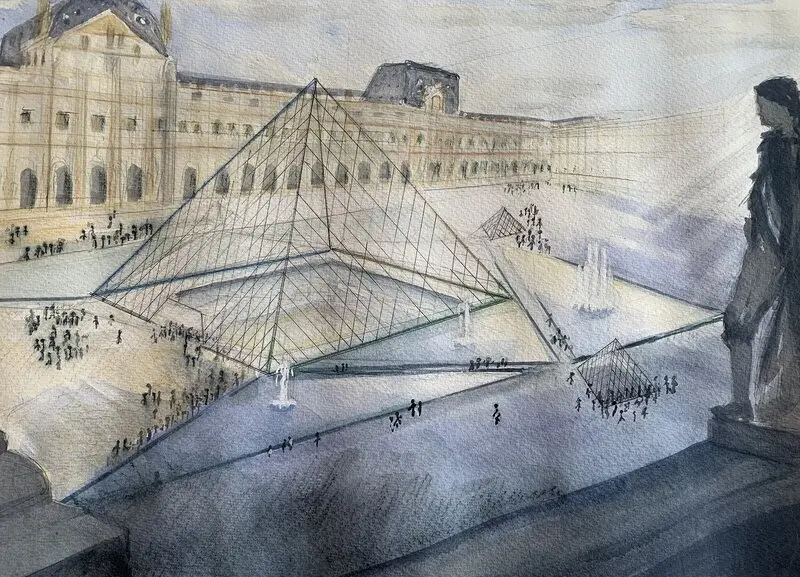 Akvarell Le Louvre av Carlyle Minnaar