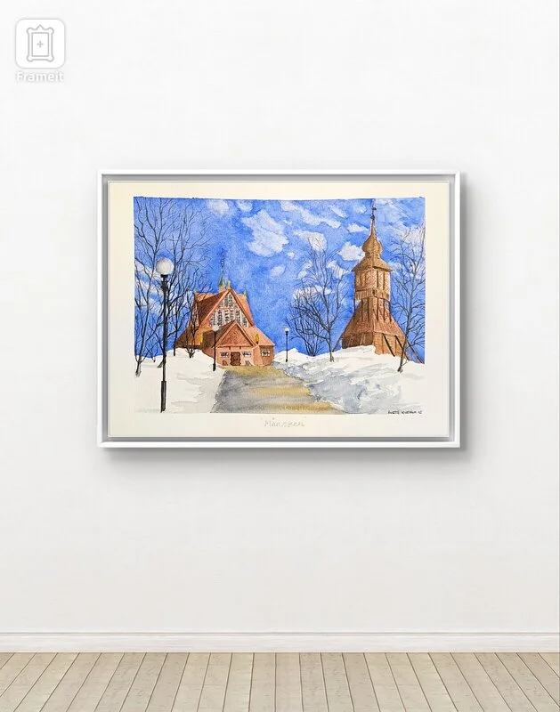 Akvarell Kiruna kyrka av Annette Wikström