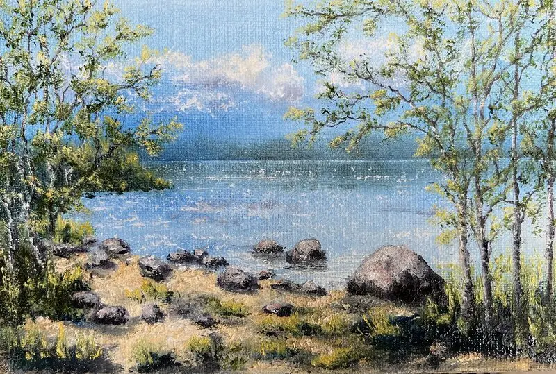 Oljemålning Stilla strand av Helen Boreson Holmberg