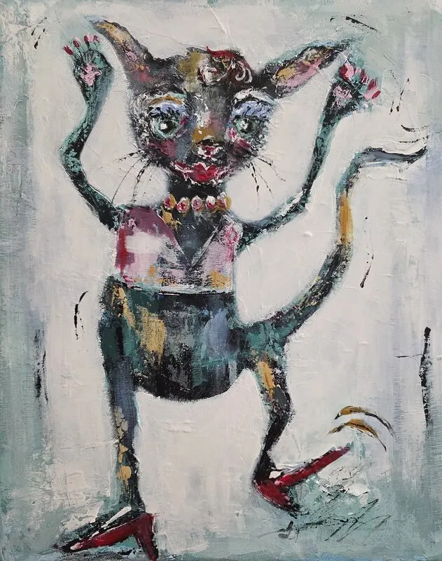 Akrylmålning Dancing cat av Erika Eriksson