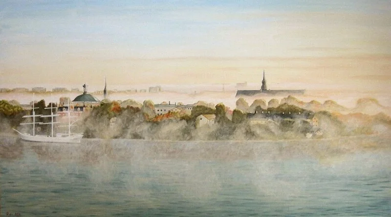 Akrylmålning Skeppsholmen, en höstmorgon av Gösta Lindunger