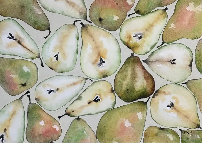 Akvarell SAFTIGA PÄRON No.2525 av Frida Westlund Prändel