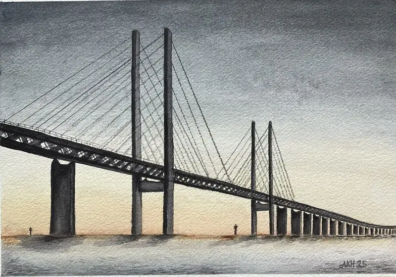 Akvarell Öresundsbron av Kristina Hvam