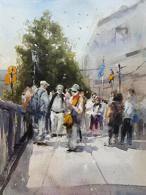 Akvarell Tourists at the museum av Jonatan Sjöstrand