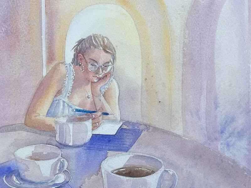 Akvarell Skrivstund - privat ägo av Anna Wolf