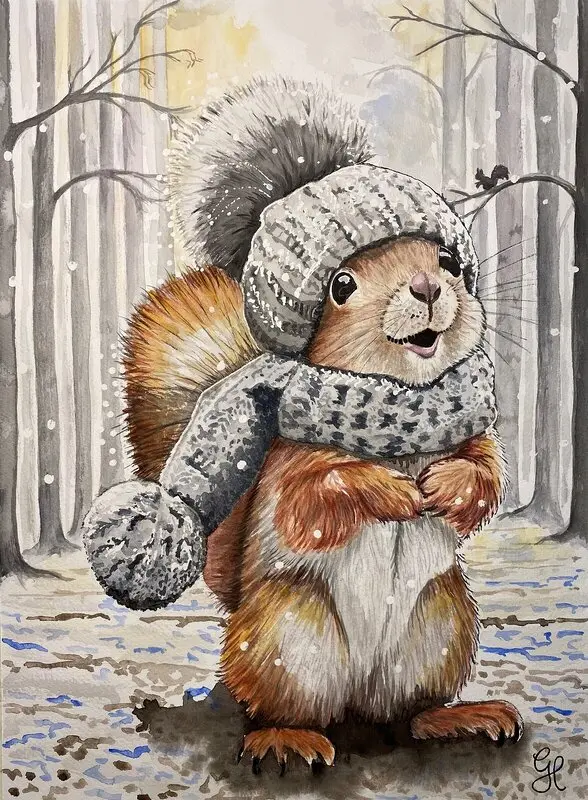 Akvarell Ekorre i skog av Gunilla Hultman
