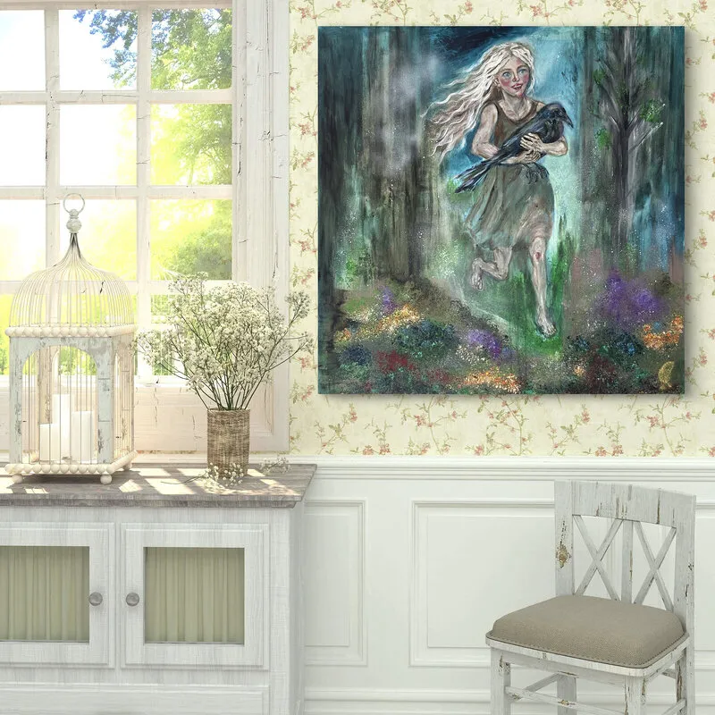 Akrylmålning Flickan och Kråkan av Marie Eman