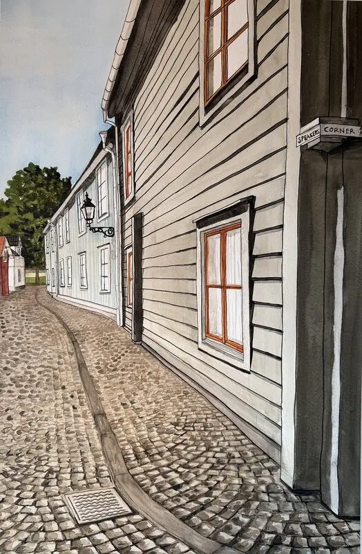 Akvarell Kullerstenen i Vadstena av Ida Maier