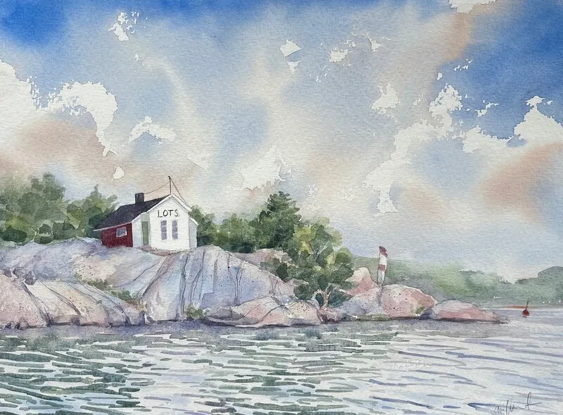 Akvarell Sävö Lotsstation II av Anna Wolf
