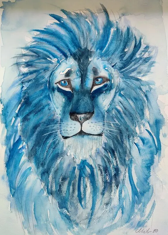 Akvarell Simba blue av Merit Lindgren Muréus