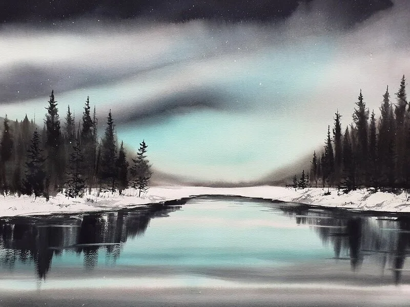 Akvarell Norrskensspegling av Lotta Andersson