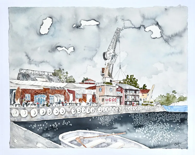 Akvarell Högmarsö, Varvet av Cécile Hansson