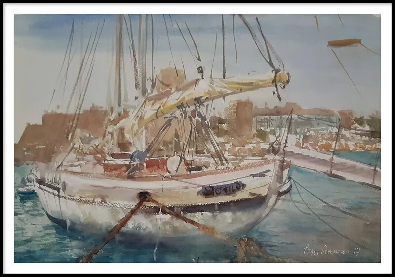 Akvarell Au vieux port , Marseille av Ben Ammar
