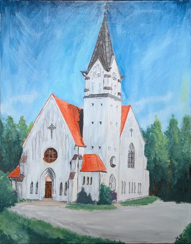 Akrylmålning Kvart över fyra i Hortlax kyrka av Alma Gröndal