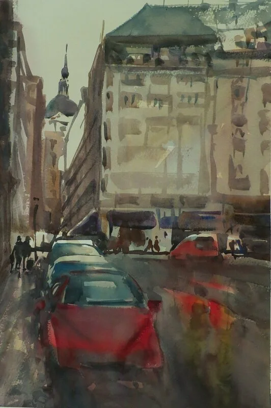 Akvarell "Charter rush" /( the red car, Stockholm) av Ben Ammar