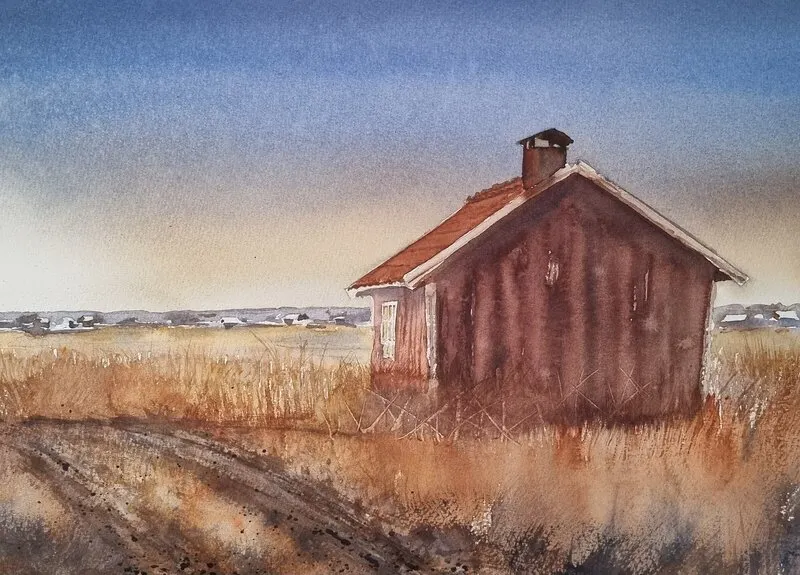Akvarell Lilla huset på prärien av Mikael Berglund