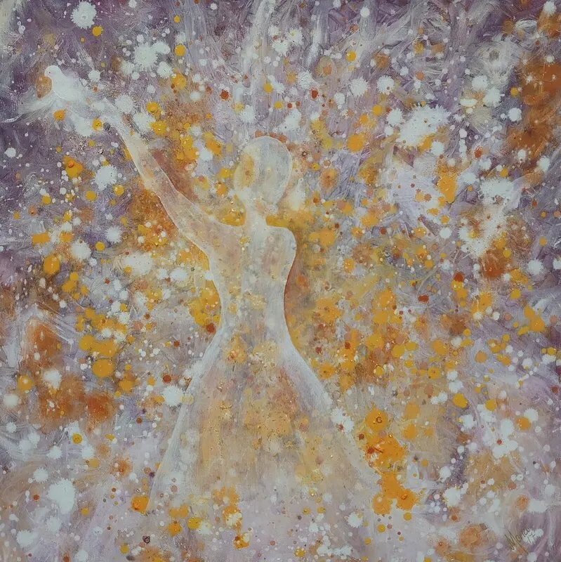 Akrylmålning Kvinna med duva av Mona Lindström