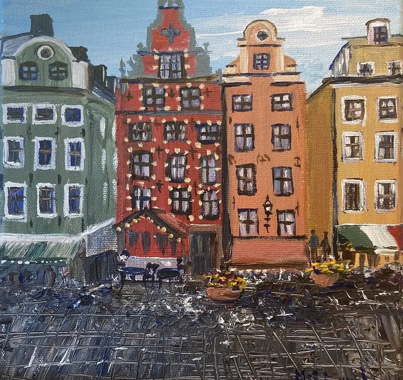 Akrylmålning Stortorget i Gamla stan av Marie-Louise Ljungberg