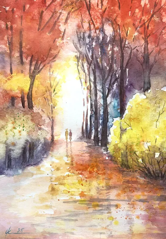 Akvarell En promenad genom höstskogen av Olga Kharyakova