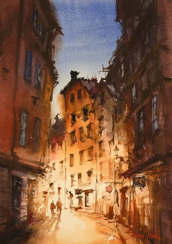 Akvarell Österlånggatan av Stefan Gadnell