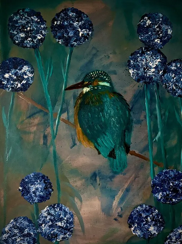 Oljemålning Blå blommor i min trädgård av Anneli Werelius