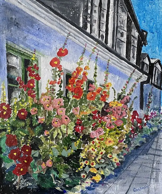 Akrylmålning Stockrosor i Skåne av Christina Ljungberg