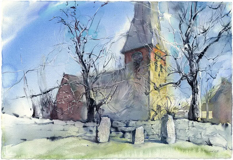 Akvarell Uppsala. Runstenar vid Vaksala kyrkan av Olga Sternyk