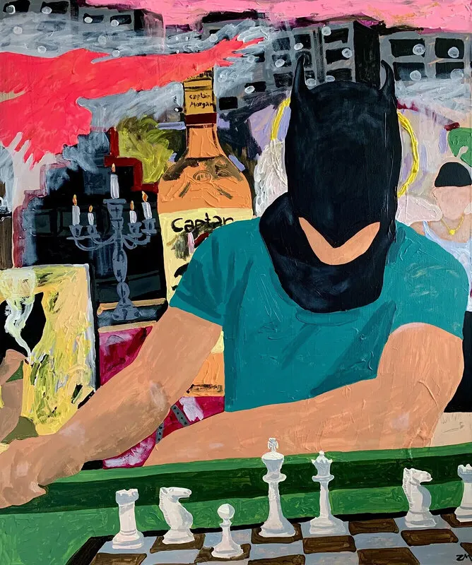Akrylmålning Schack i ateljén av Milo