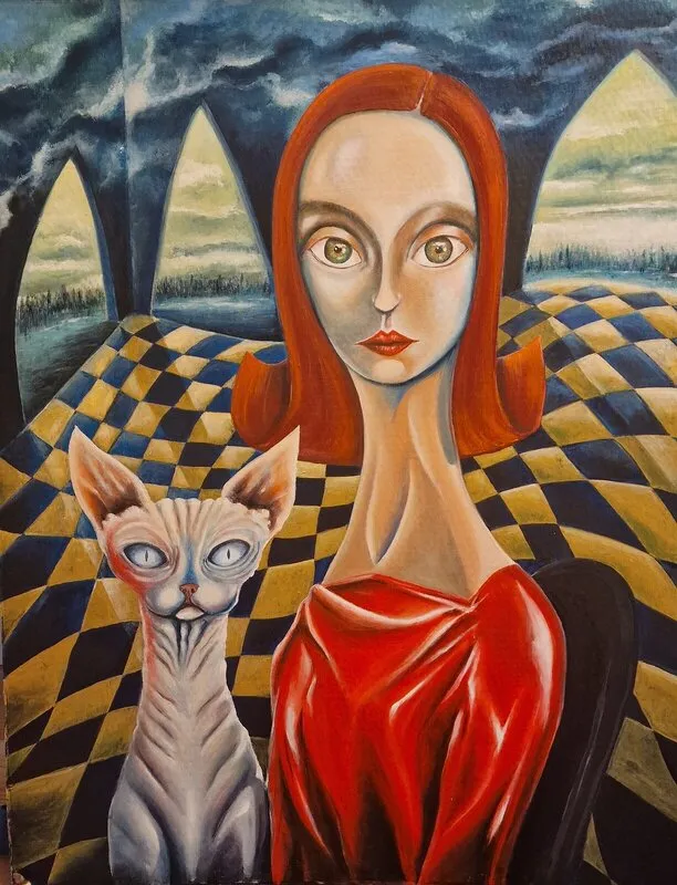 Oljemålning The red dress lady with the cat av Christian Cifuentes