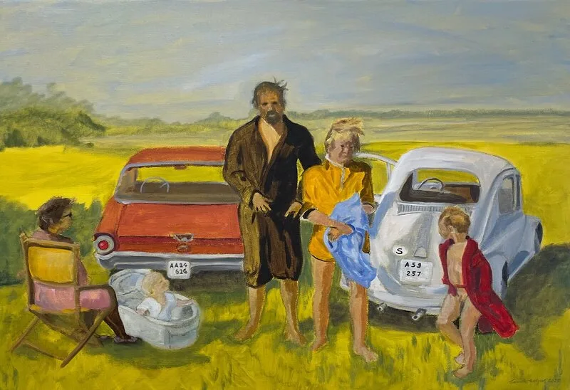 Oljemålning Picknick i blåst av Camilla Wolgers