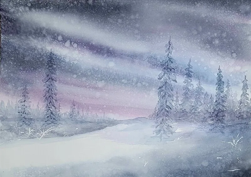 Akvarell Snöfall av Lena Bovin Adolfsson