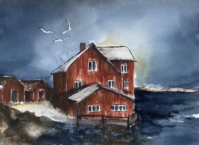 Akvarell DEN GAMLA KVARNEN I FISKESKÄR (inramad) av Rose-Marie Lyckebrant-Lindqvist