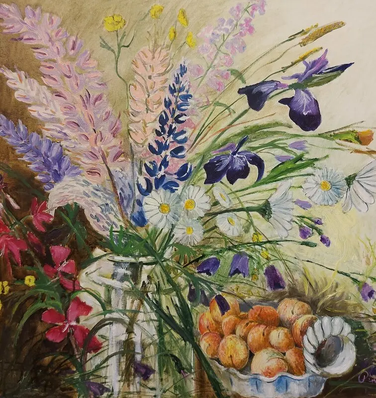 Akrylmålning Blommor och persikor. av Josef Pinter
