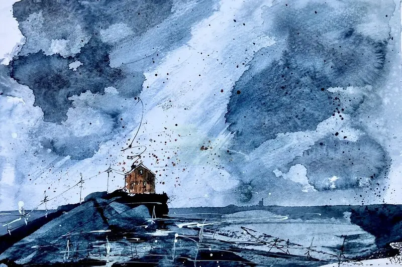 Akvarell Hav/Hus av Anders Peter Bäckström