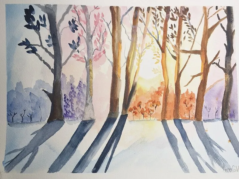 Akvarell "Skábmamánnubeaivi" Novembersol av Lena Sikku