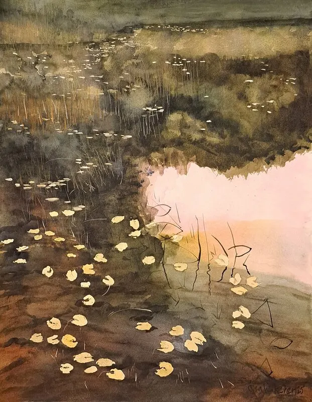 Akvarell Kvällsljus över näckrosor/Waterlilies in eveninglight av Åsa Wiksten