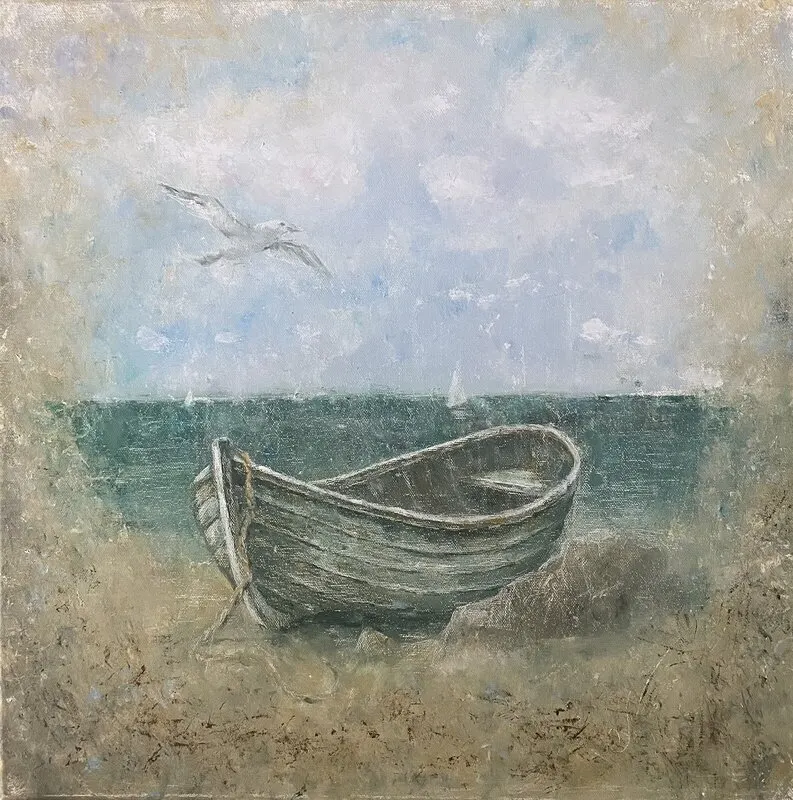 Oljemålning Efter stormen. Havet. Båt av Natalia Pettersson