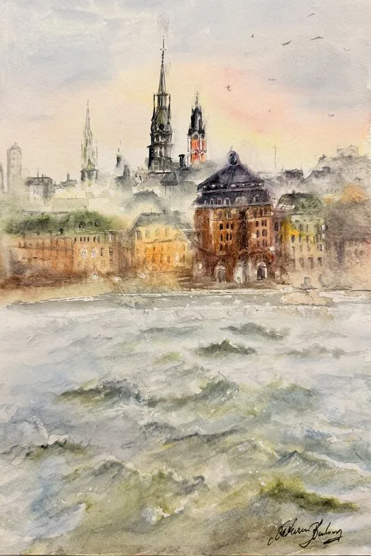 Akvarell Skeppsbron av Katarina Blomberg