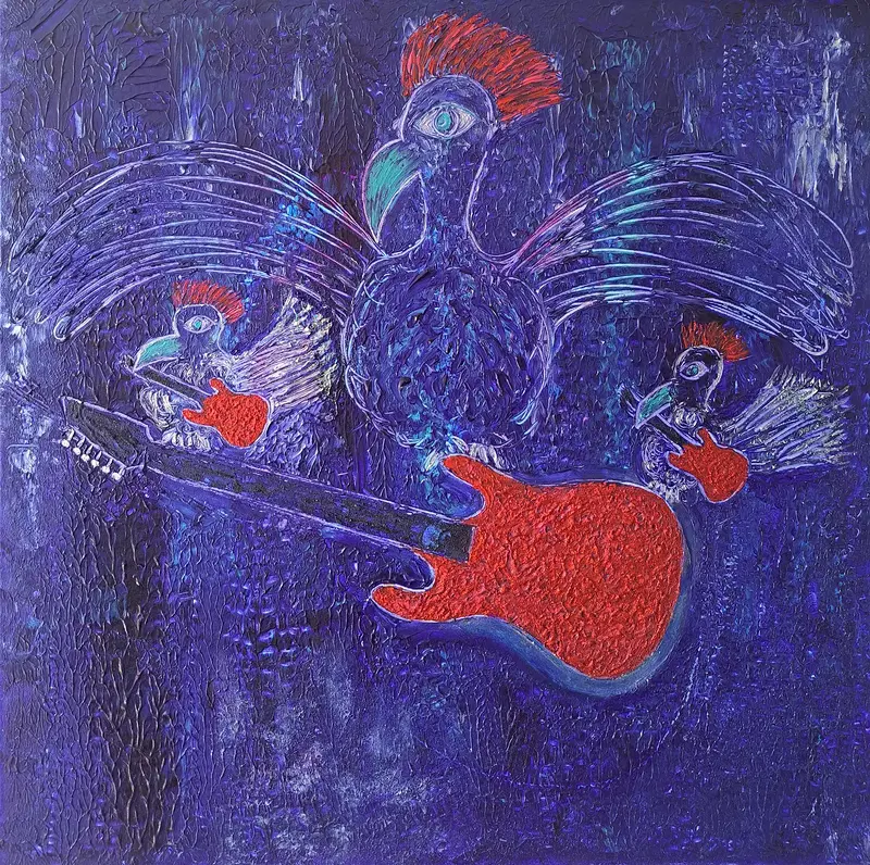 Akrylmålning The red family rockers av Liselott Ringström